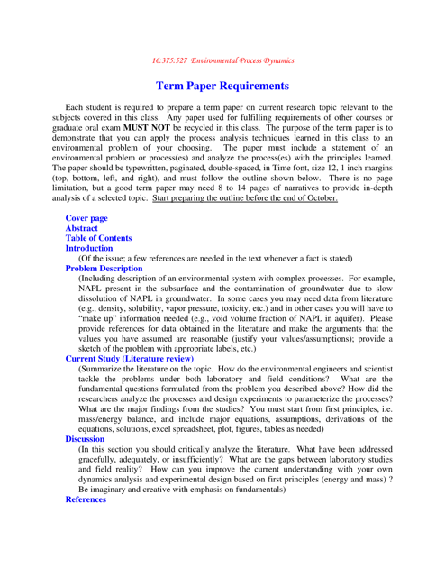Term Paper Requirements: Environmental Process Dynamics