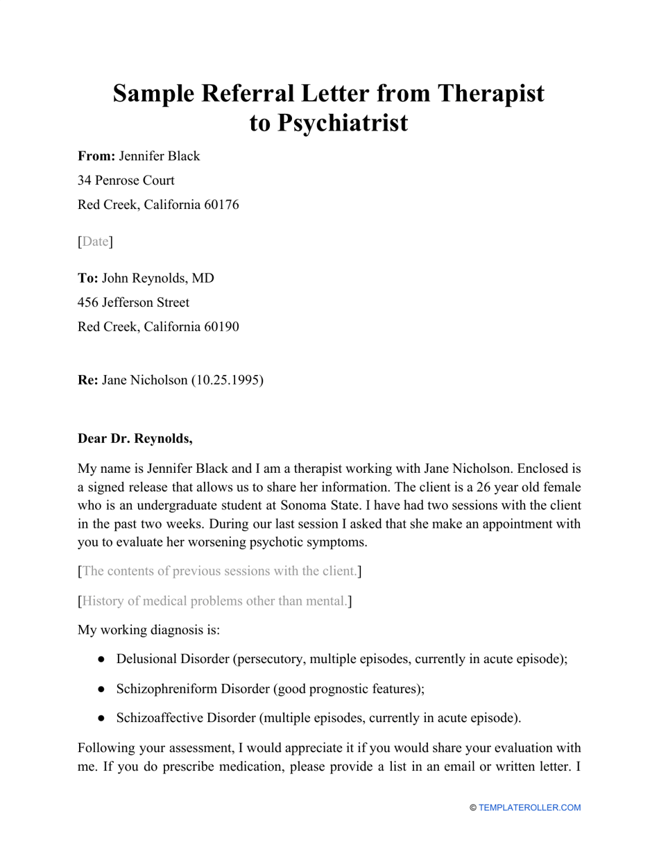 Sample Referral Letter From Therapist to Psychiatrist, Page 1