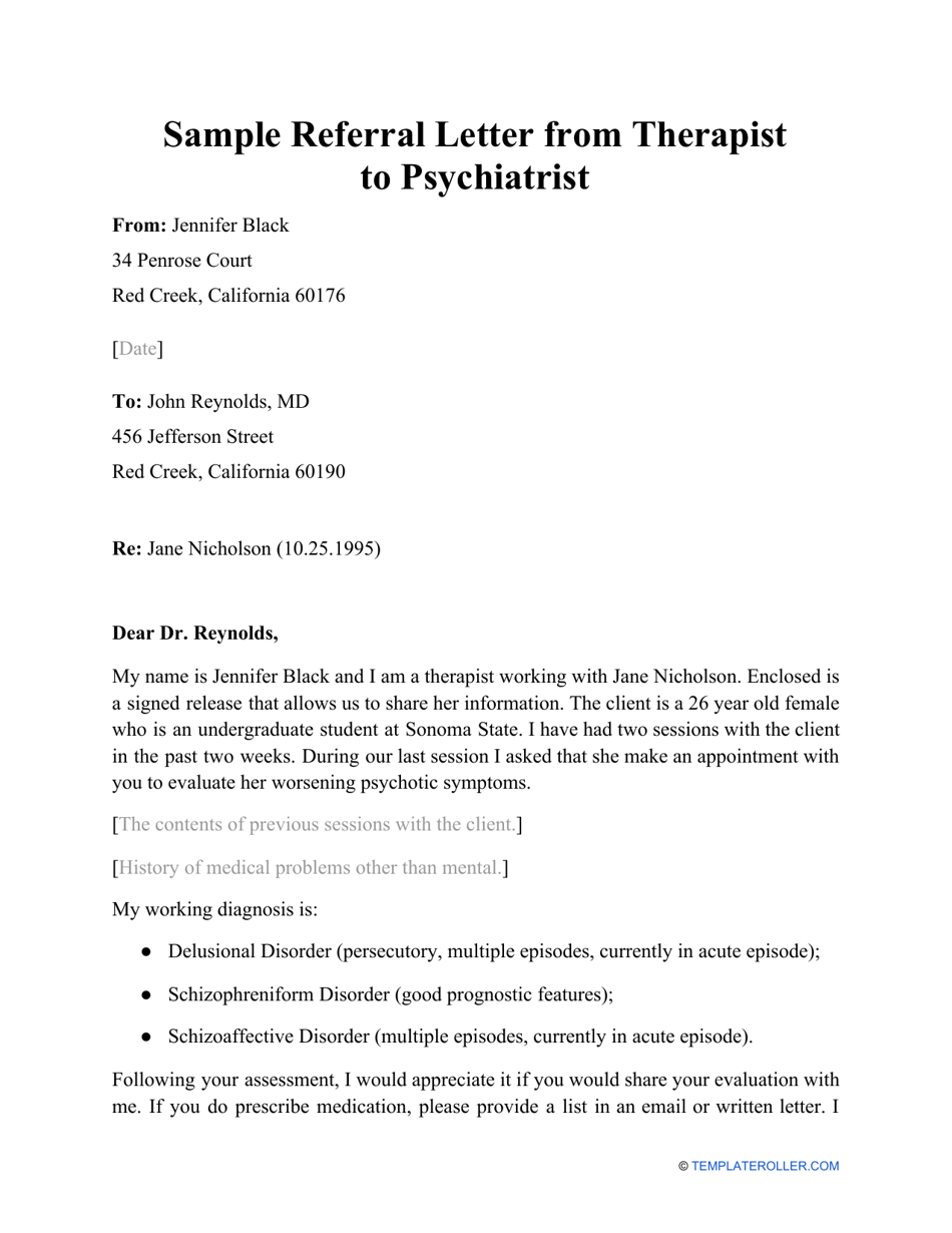 Sample Referral Letter From Therapist To Psychiatrist Download Printable Pdf Templateroller