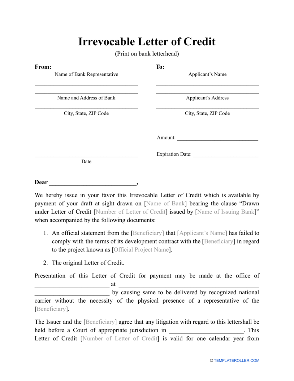 Irrevocable Letter of Credit Template Download Printable PDF Regarding Letter Of Credit Draft Template