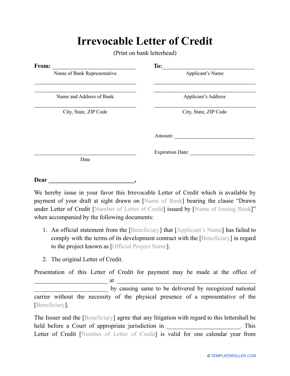 Irrevocable Letter Of Credit Template Download Printable Pdf Templateroller 7744