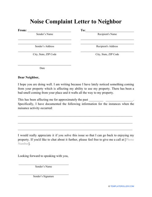 Noise Complaint Letter To Neighbor Template Download Printable PDF 