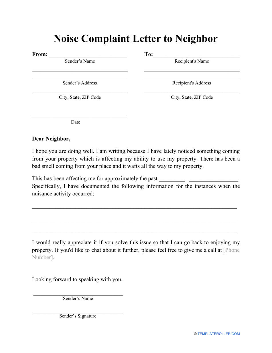 Noise Complaint Letter to Neighbor Template Download Printable PDF