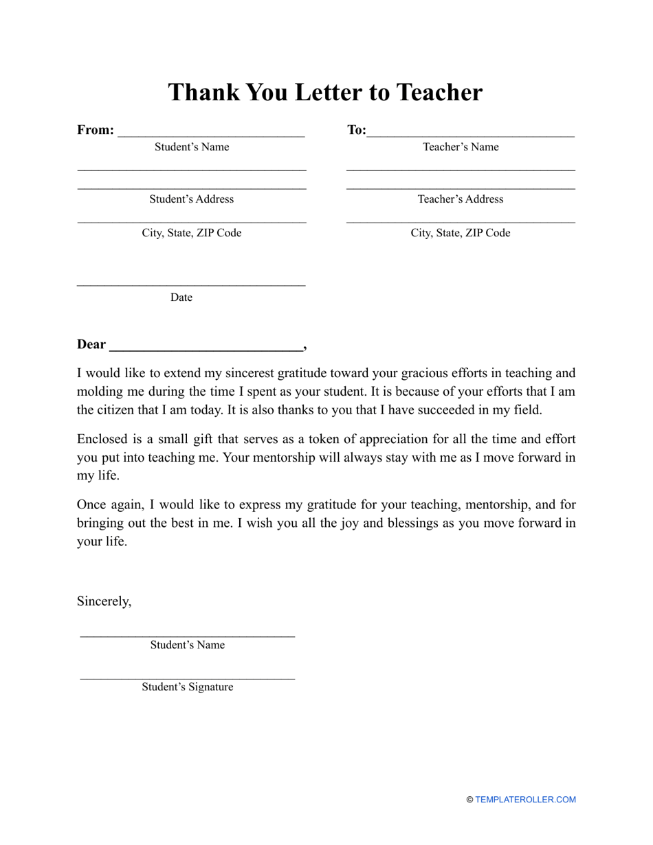 Thank You Letter to Teacher Template Download Printable PDF