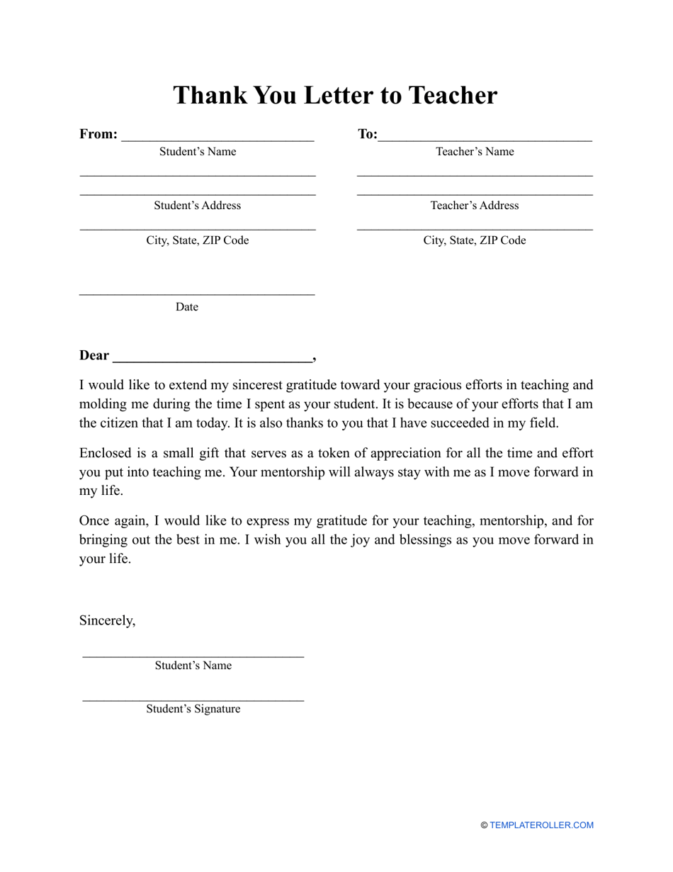 Thank You Letter To Teacher Template Download Printable PDF 