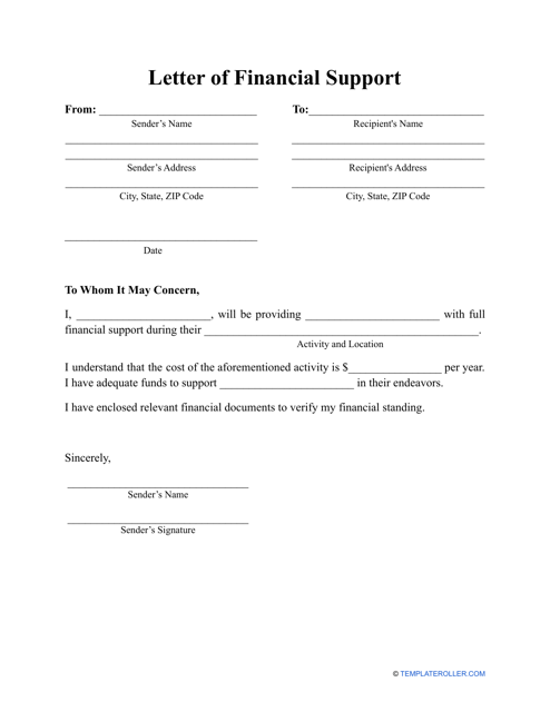 "Letter of Financial Support Template" Download Pdf