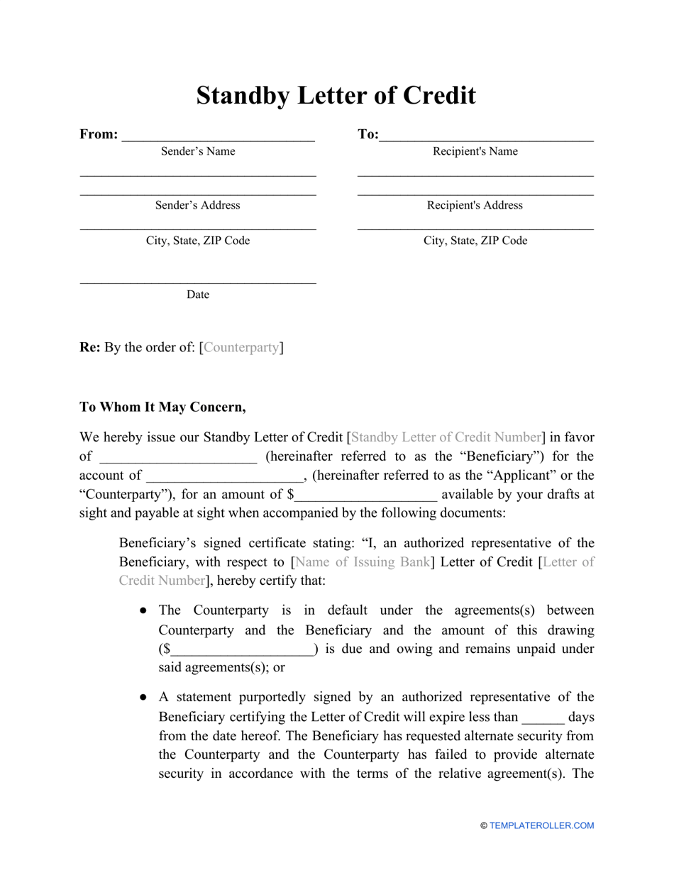 Standby Letter of Credit Template Download Printable PDF Templateroller