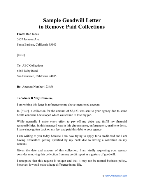 Sample Goodwill Letter to Remove Paid Collections