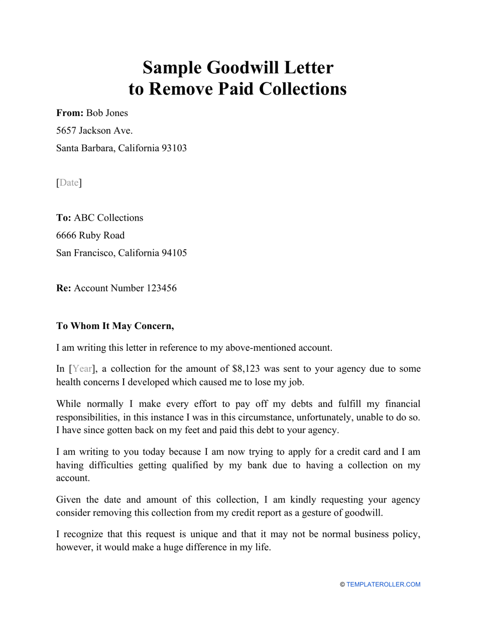 Sample Goodwill Letter to Remove Paid Collections Download