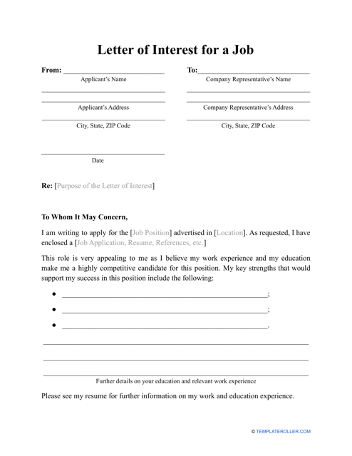 "Letter of Interest for a Job Template" Download Pdf