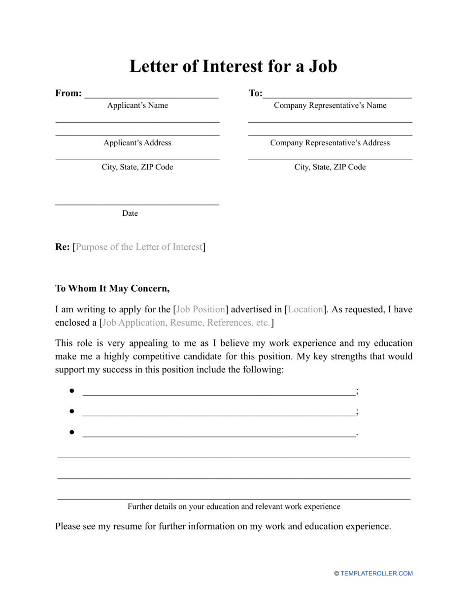 Letter of Interest for a Job Template Download Printable PDF