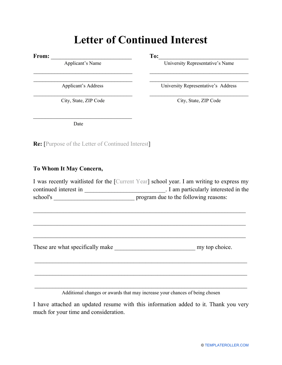 Letter of Continued Interest Template Preview