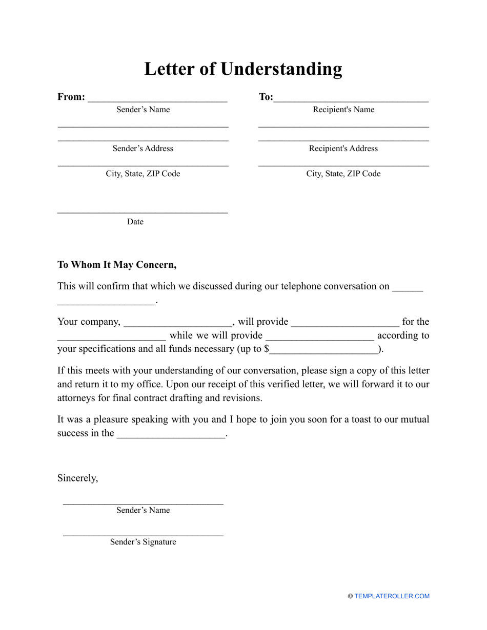 Letter of Understanding Template Download Printable PDF | Templateroller