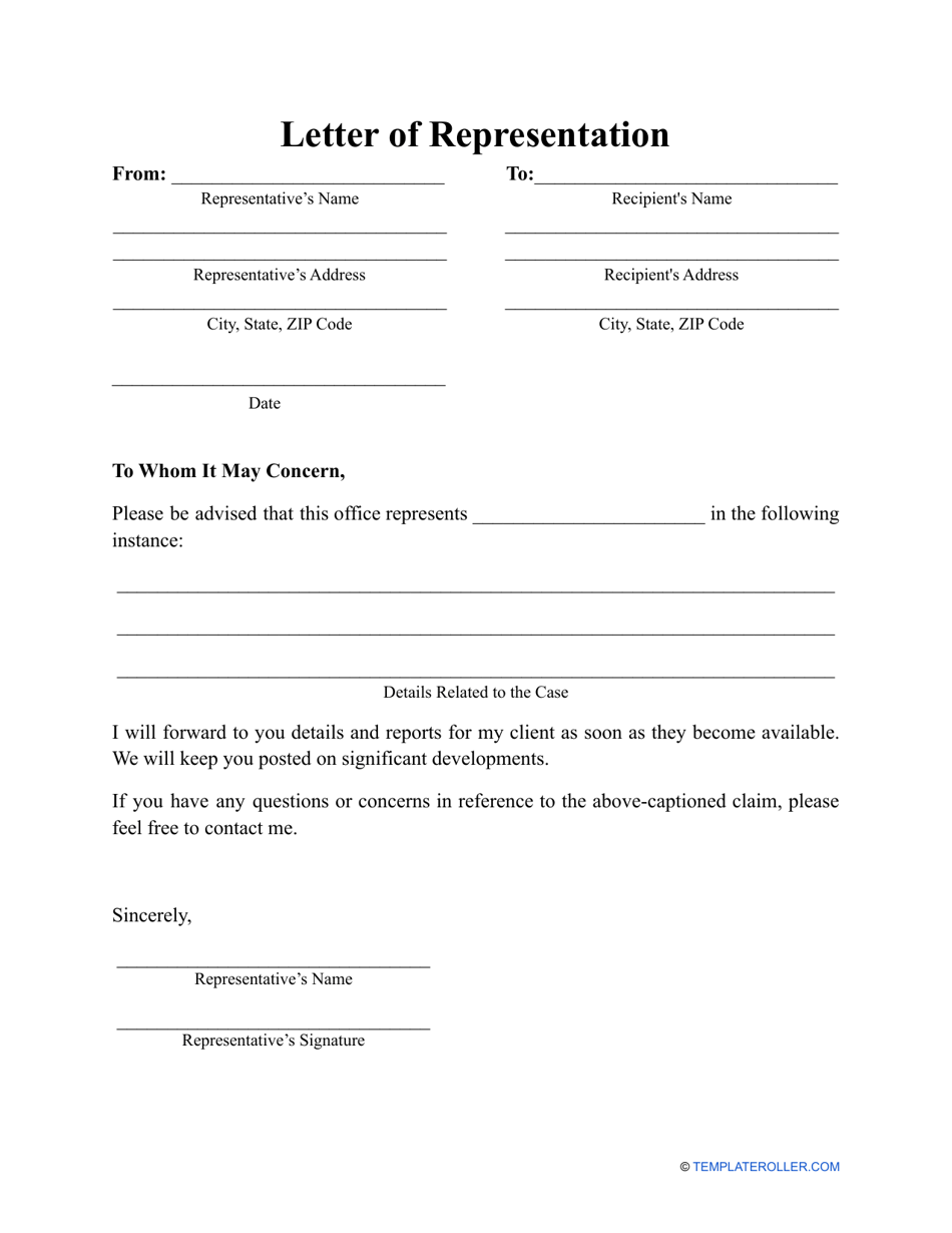 Letter of Representation Template Download Printable PDF Templateroller