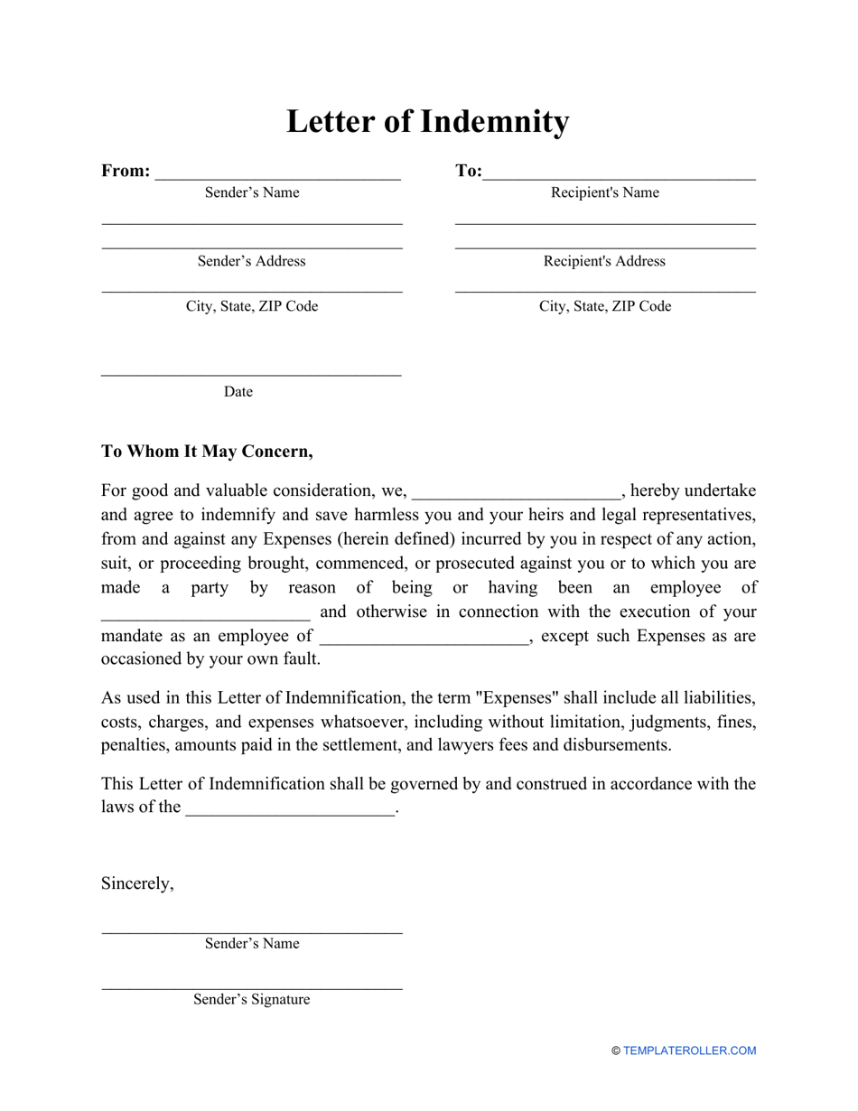 Letter of Indemnity Template Fill Out, Sign Online and Download PDF