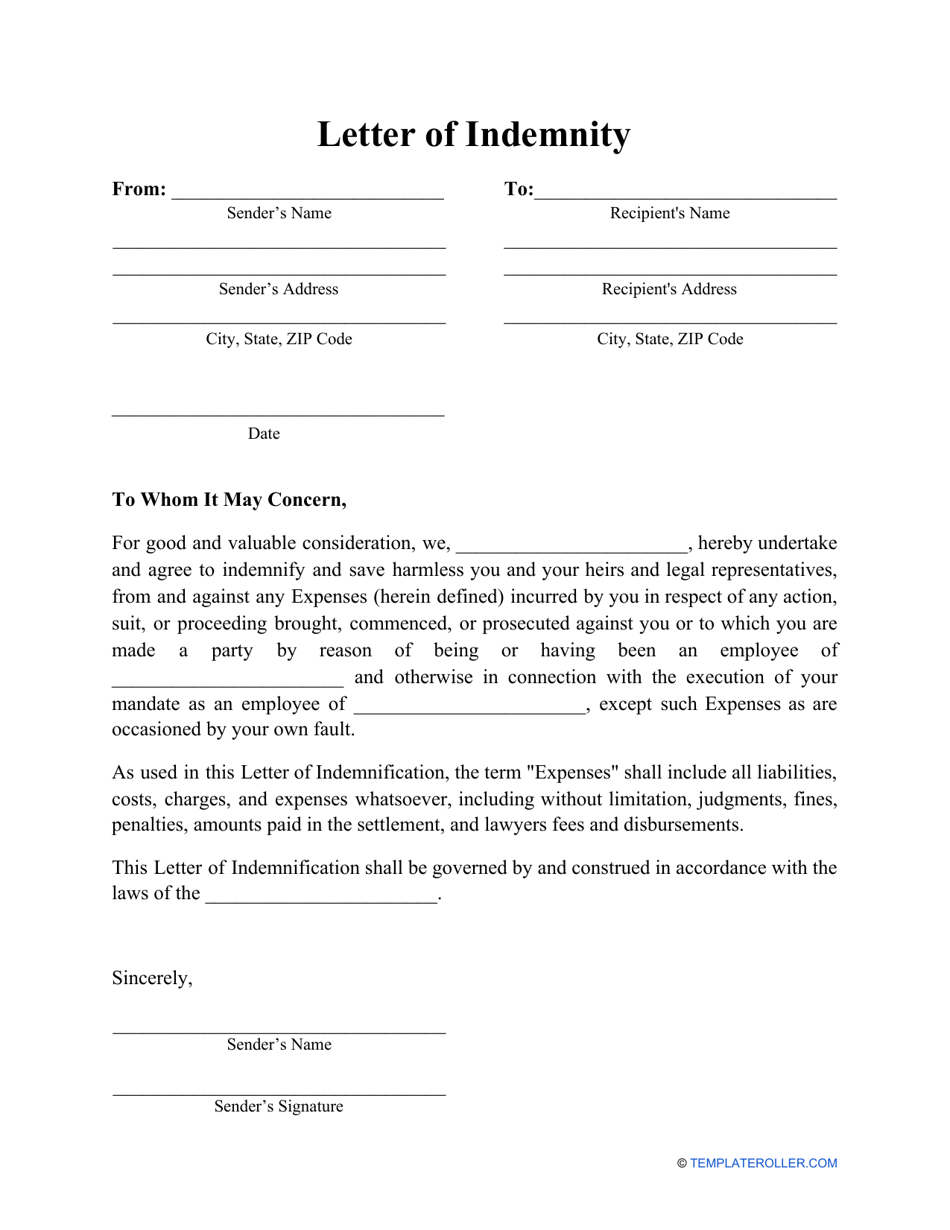 Letter Of Indemnity Template Fill Out Sign Online And Download Pdf Templateroller 6149