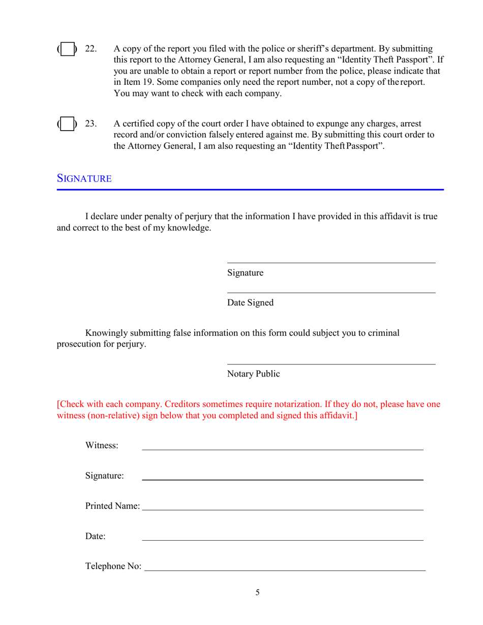 Id Theft Affidavit - Mississippi, Page 5