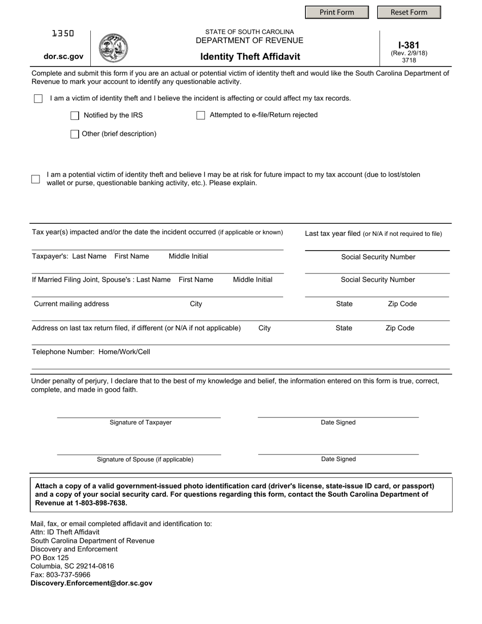 Form I-381 Identity Theft Affidavit - South Carolina, Page 1