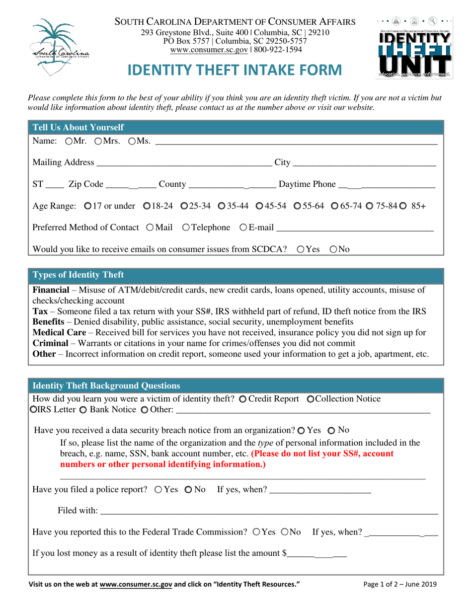 South Carolina Identity Theft Intake Form Fill Out, Sign Online and
