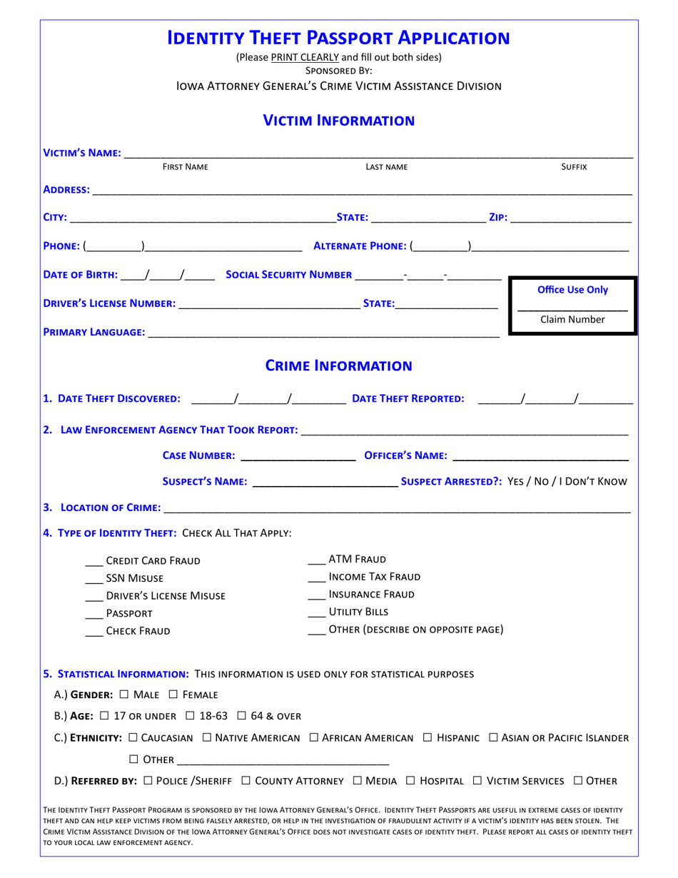 Iowa Identity Theft Passport Application Download Printable PDF |  Templateroller