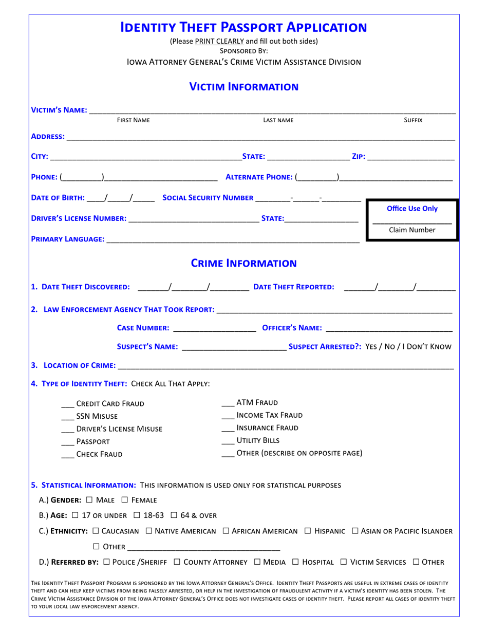 Identity Theft Passport Application - Iowa, Page 1