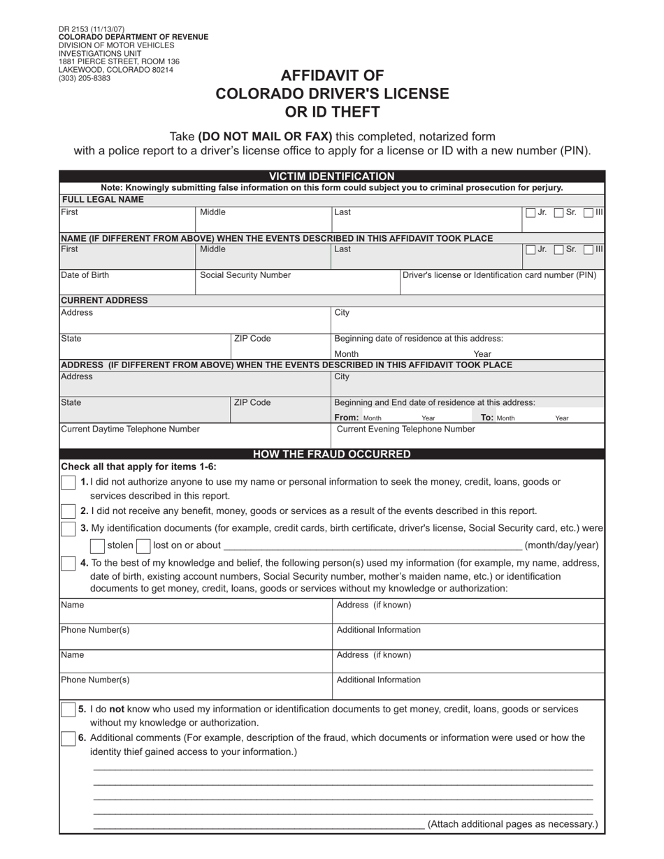 Form Dr2153 Download Printable Pdf Or Fill Online Affidavit Of Colorado Driver S License Or Id Theft Colorado Templateroller