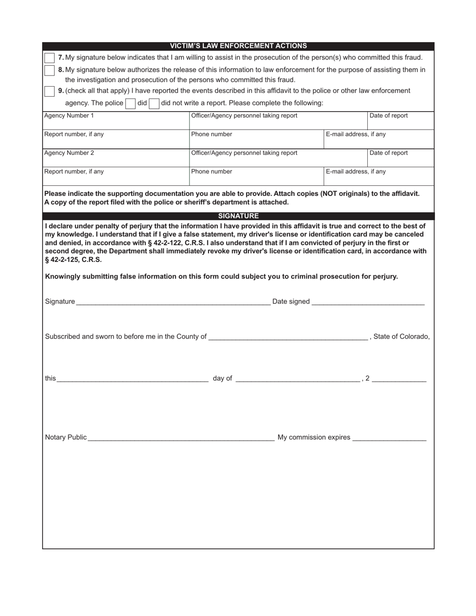 Form DR2153 Affidavit of Colorado Drivers License or Id Theft - Colorado, Page 2
