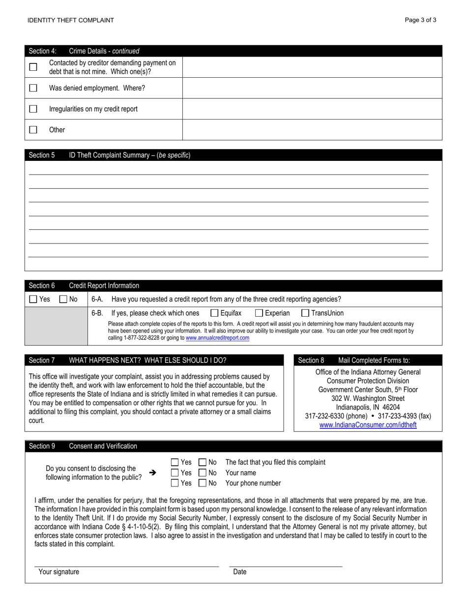 Indiana Identity Theft Complaint Fill Out Sign Online And Download Pdf Templateroller 3765