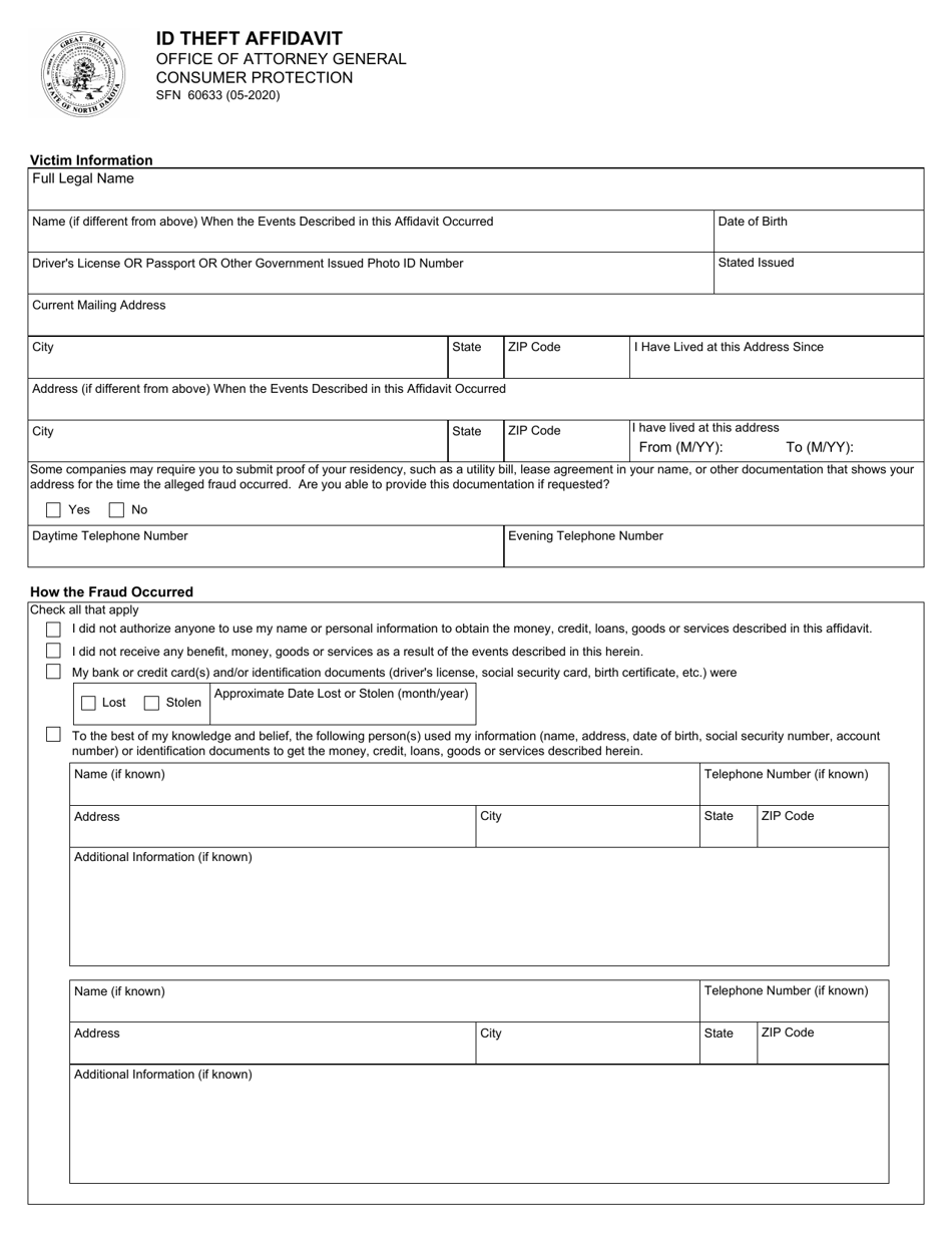 Form SFN60633 Id Theft Affidavit - North Dakota, Page 1