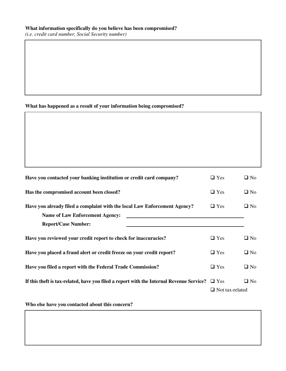 Kansas Identity Theft Complaint Form Download Printable PDF ...