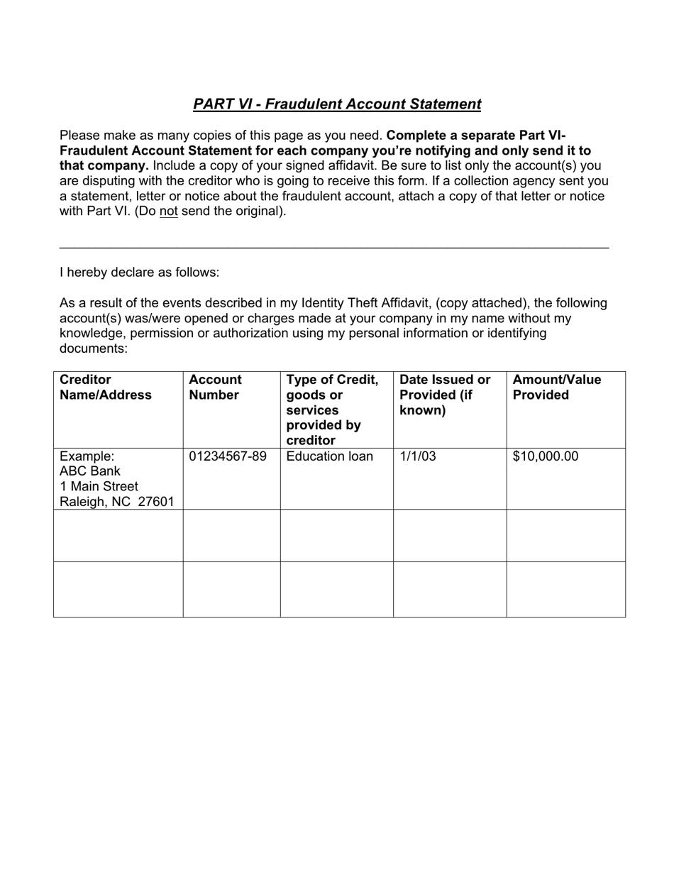 Identity Theft Affidavit - North Carolina, Page 12