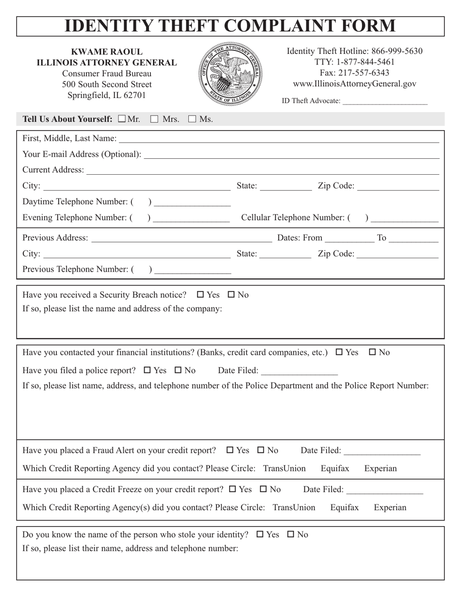 Identity Theft Complaint Form - Illinois, Page 1