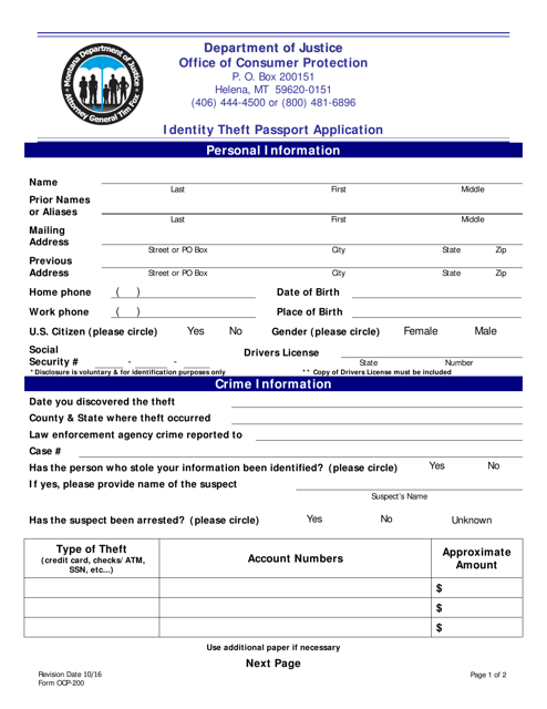 Form OCP-200 Identity Theft Passport Application - Montana