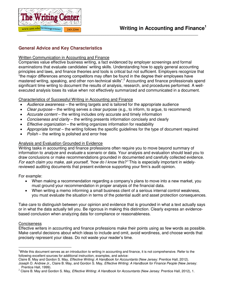 Writing in Accounting and Finance University of Montana Download