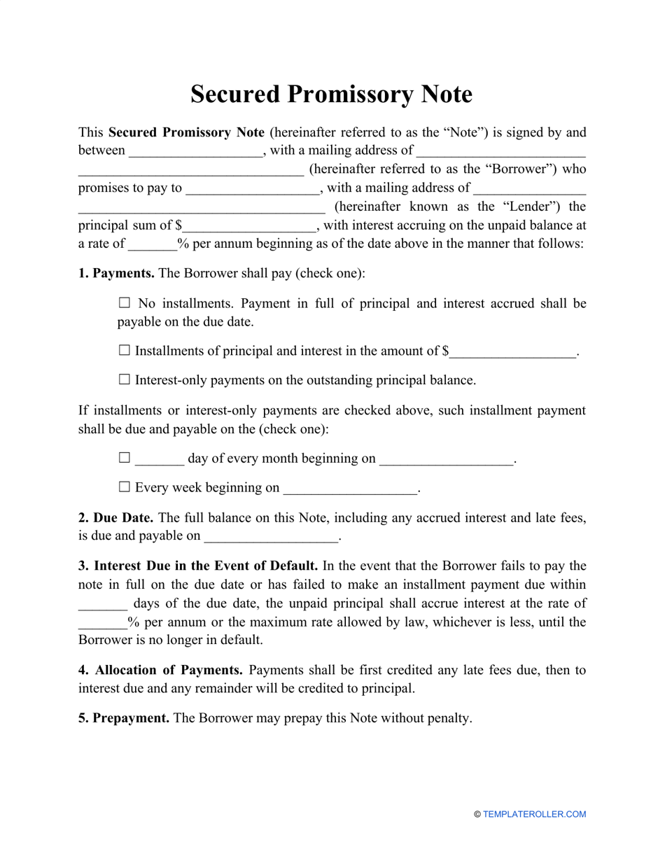 Promissory Note With Collateral Template