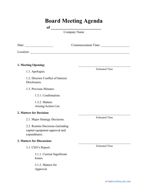 Board Meeting Agenda Template