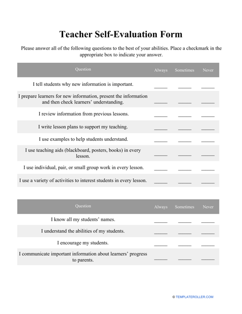 &quot;Teacher Self-evaluation Form&quot; Download Pdf