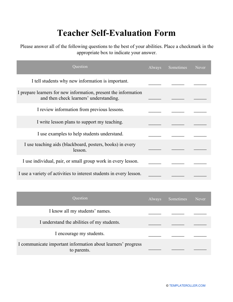 Teacher Self-evaluation Form Download Printable PDF  Templateroller