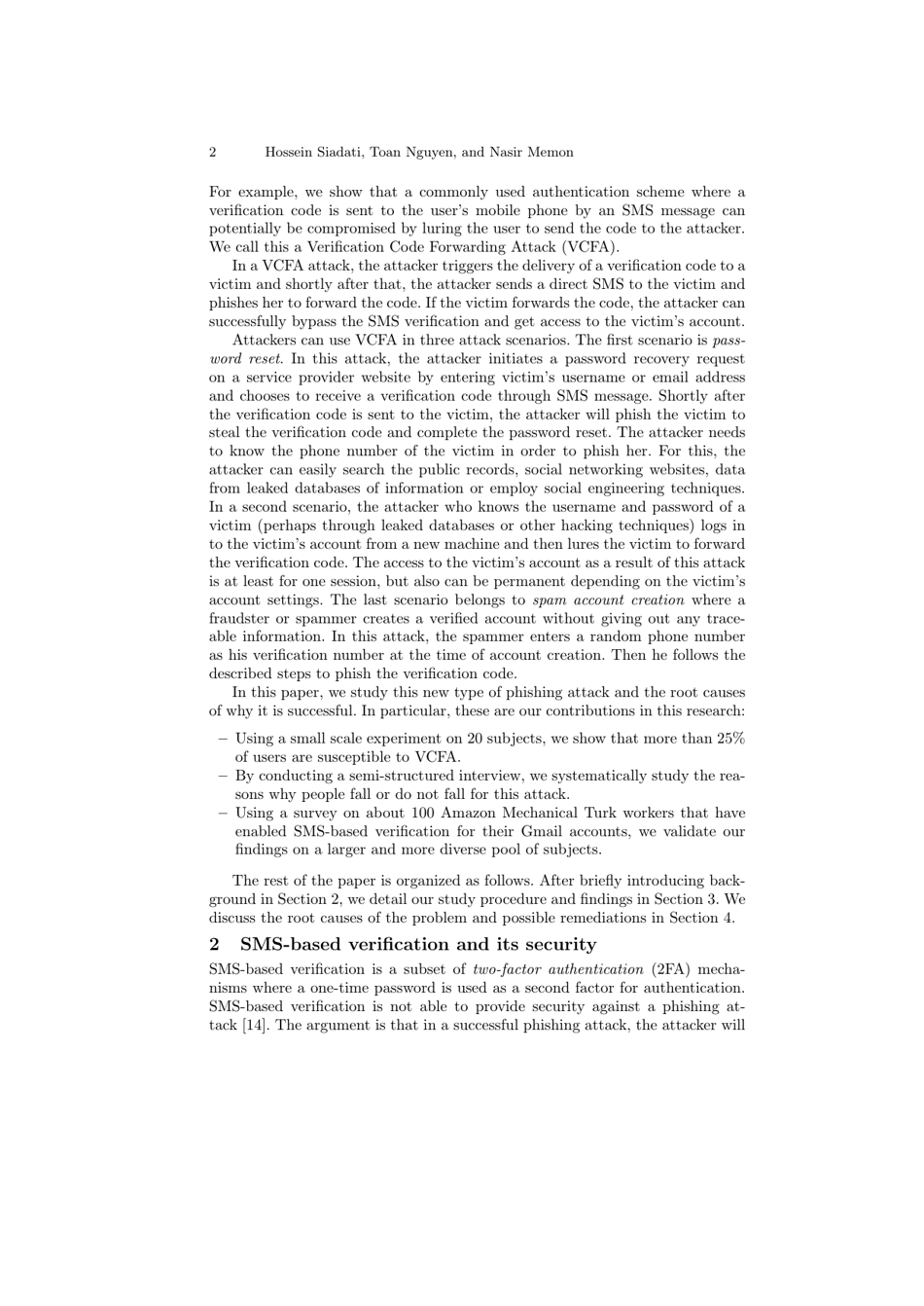 Verification Code Forwarding Attack: Short Paper - Hossein Siadati, Toan Nguyen, and Nasir Memon, Page 2