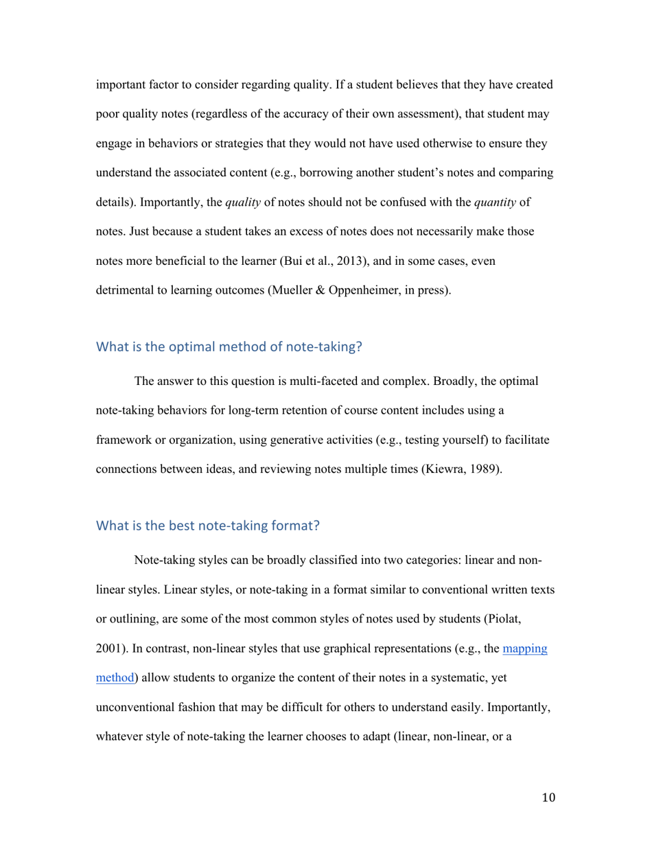 Notes on Note-Taking: Review of Research and Insights for Students and Instructors - Michael C. Friedman, Harvard University, Page 10