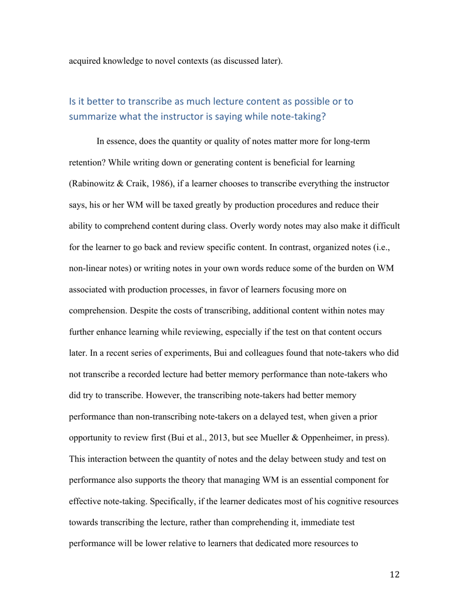 Notes on Note-Taking: Review of Research and Insights for Students and Instructors - Michael C. Friedman, Harvard University, Page 12