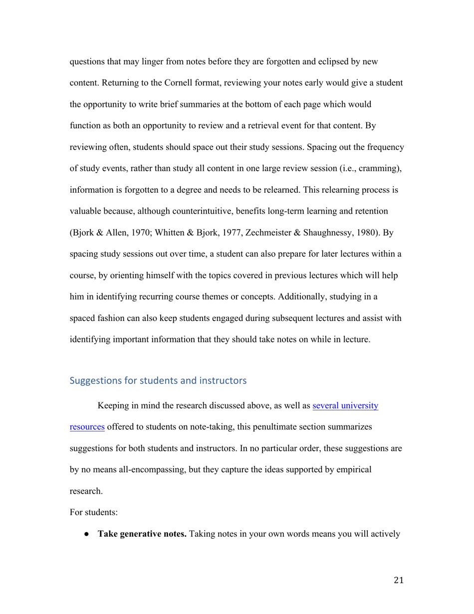Notes on Note-Taking: Review of Research and Insights for Students and Instructors - Michael C. Friedman, Harvard University, Page 21