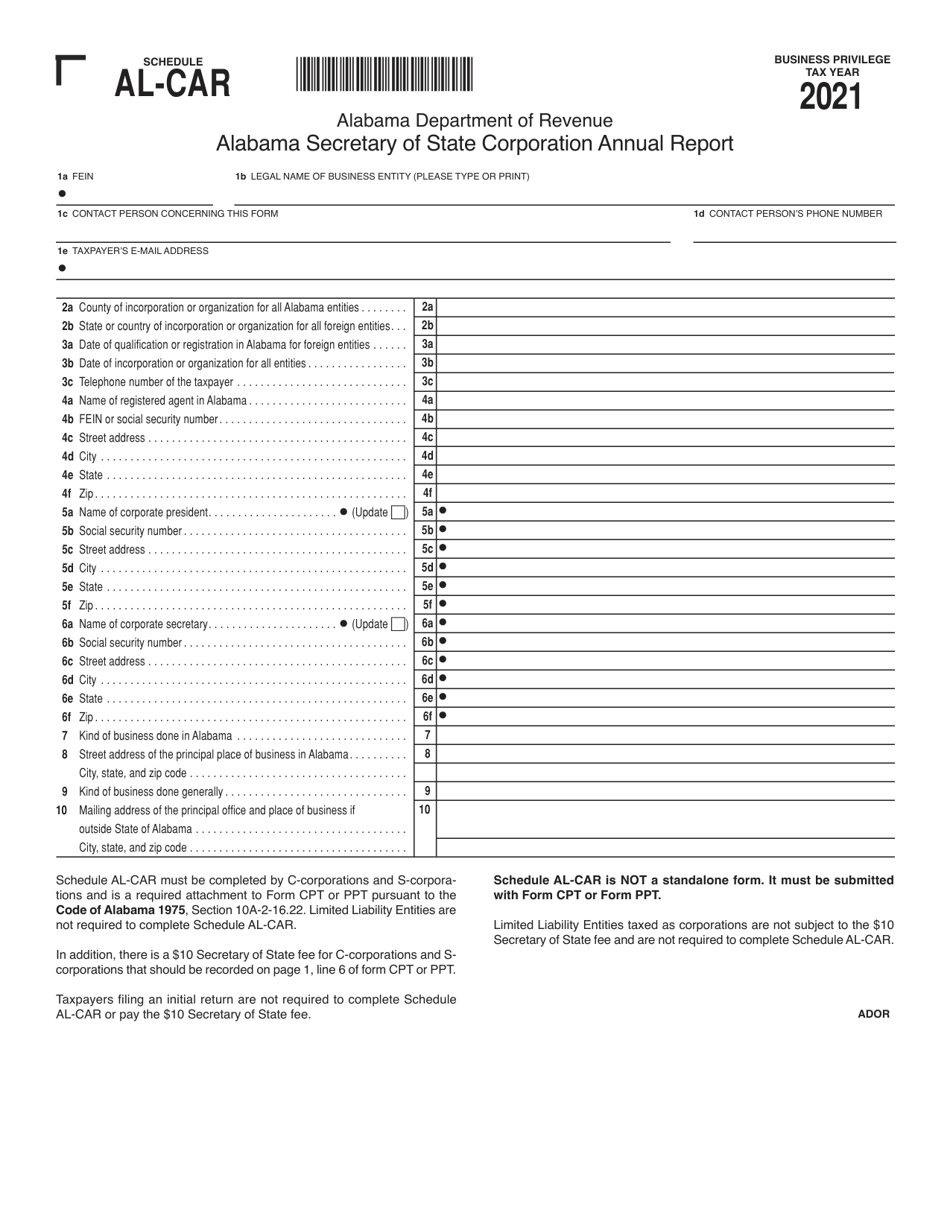 Schedule AL-CAR Download Printable PDF or Fill Online Alabama Secretary of State Corporation
