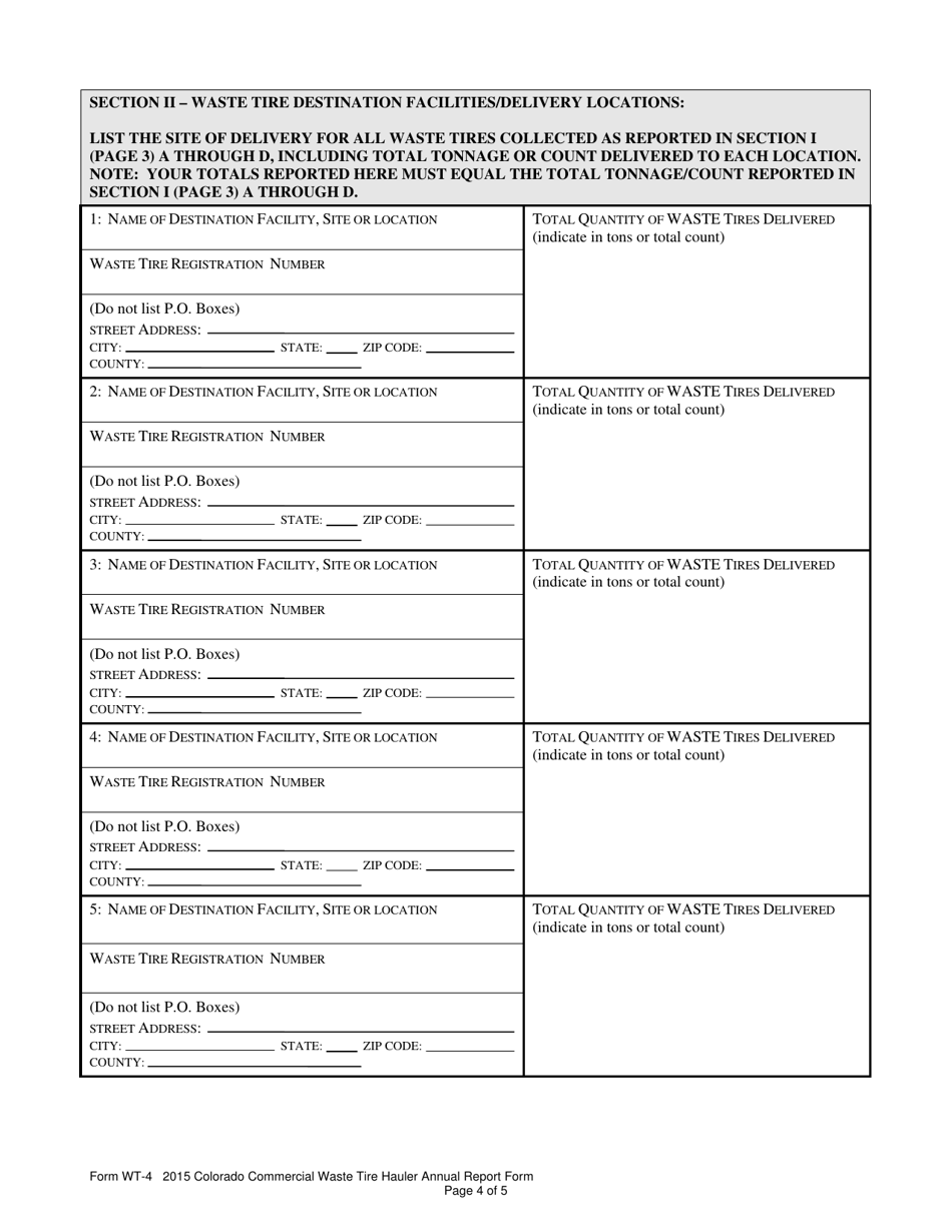 Form WT-4 Colorado Commercial Waste Tire Annual Report Form - Colorado, Page 4