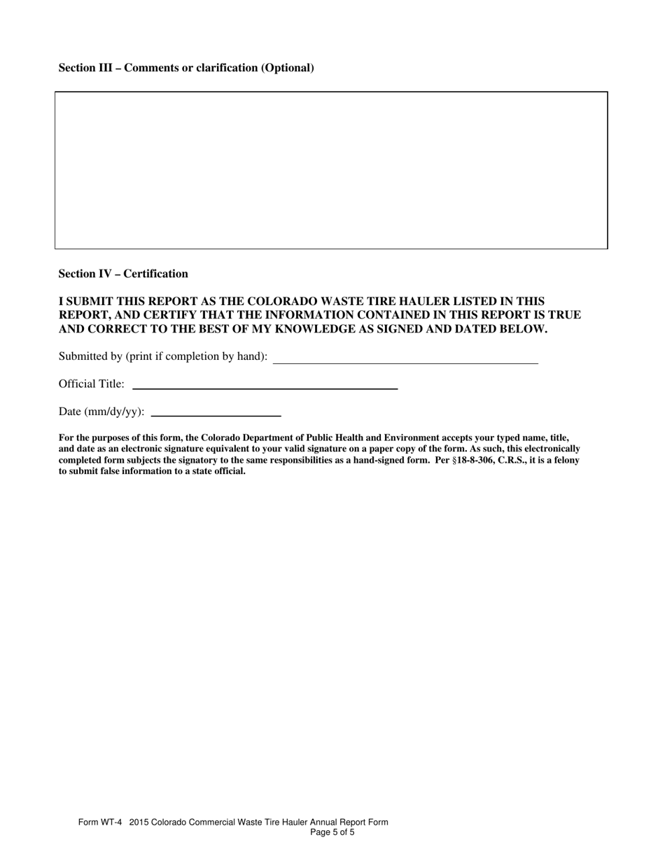 Form WT-4 Colorado Commercial Waste Tire Annual Report Form - Colorado, Page 5