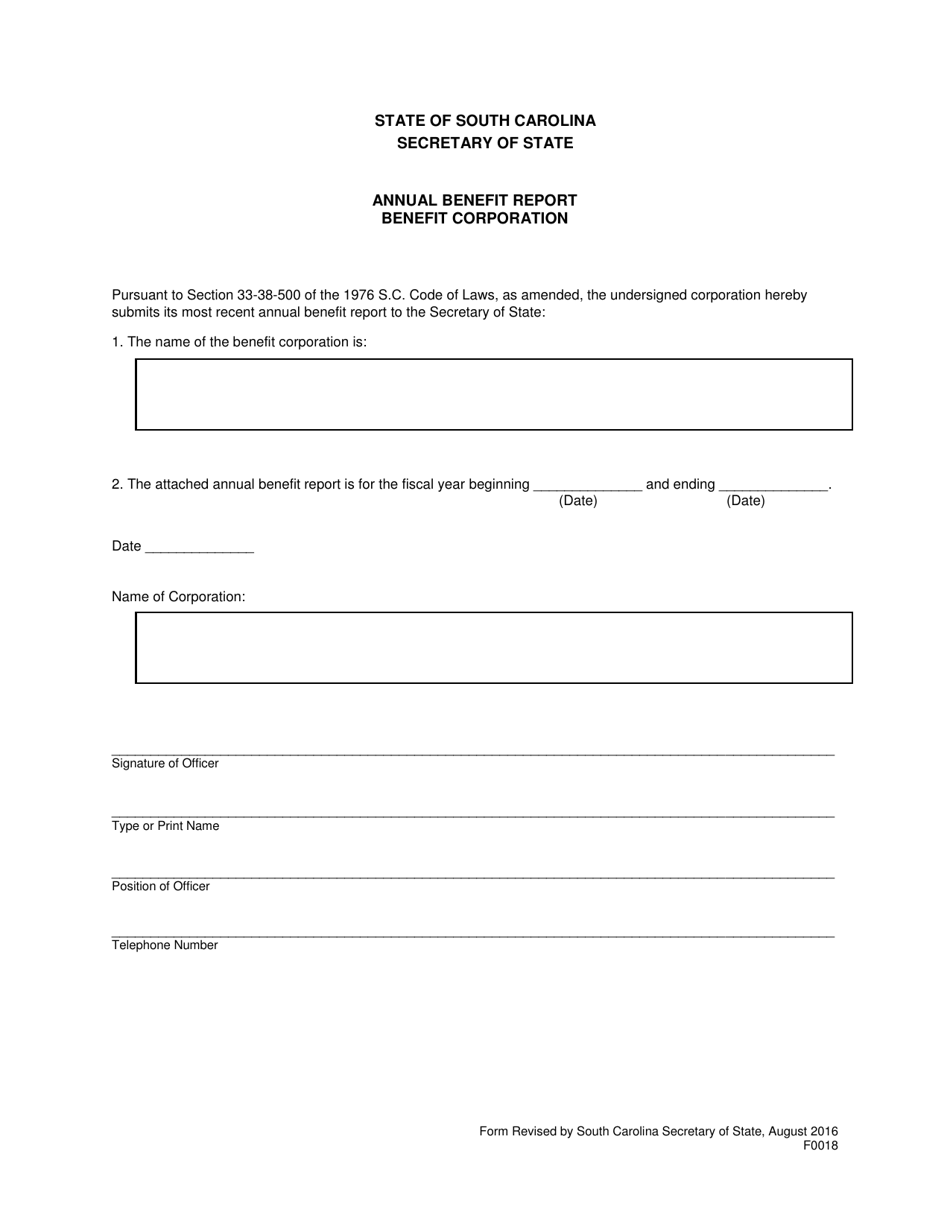 Form 0018 Annual Benefit Report Benefit Corporation - South Carolina, Page 1