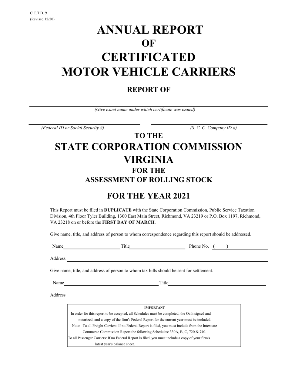 Form C.C.T.D.9 Annual Report of Certificated Motor Vehicle Carriers - Virginia, Page 1
