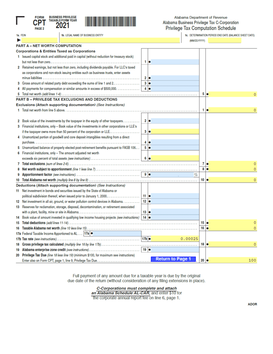 Form CPT Alabama Business Privilege Tax Return and Annual Report - Alabama, Page 2
