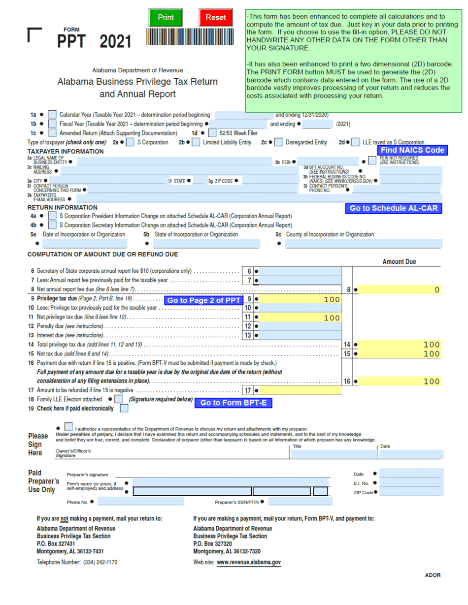 Form PPT Alabama Business Privilege Tax Return and Annual Report - Alabama, Page 1