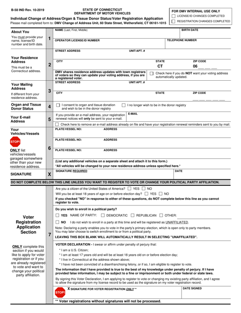 Form B-58 IND Individual Change of Address/Organ &amp; Tissue Donor Status/Voter Registration Application - Connecticut